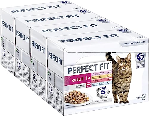 katzennassfutter perfect fit adult 1+ mit lachs, fisch, rind, huhn, 48 beutel 12x85g