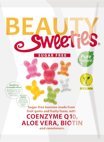 zuckerfreie fruchtgummi-häschen 125 g von beautysweeties, vegan mit coenzym q10, aloe vera, biotin