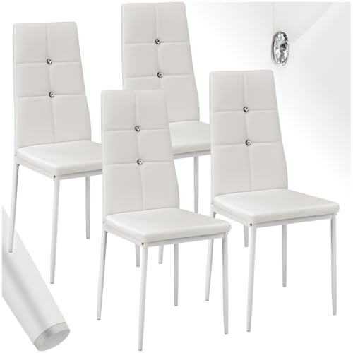 tectake esszimmerstuhl 4er set, kunstlederstühle mit glitzersteinen, weiß, hohe rückenlehne