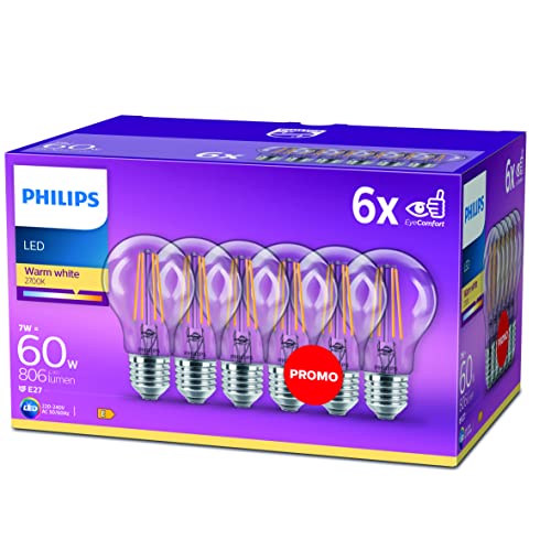 philips led filament e27 6er-pack warmweiß 60w - energieeffizient