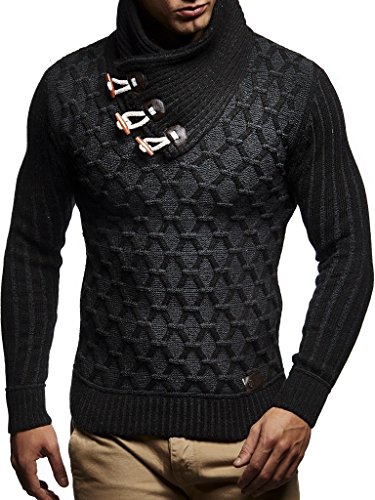 leif nelson herren strickpullover schalkragen wollpullover schwarz anthrazit medium