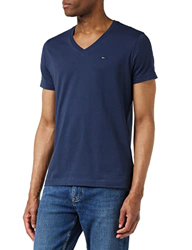 tommy jeans herren t-shirt kurzarm v-ausschnitt blau black iris größe l