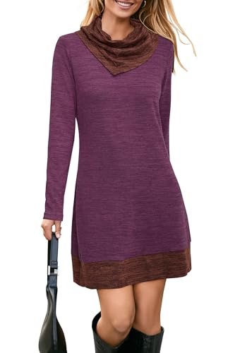 Produktbild: Strickkleid Damen Langarm Pulloverkleid Tunika Warm Herbst Winter Violett S