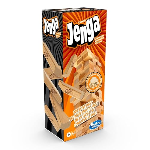 Entdecke Hasbro Gaming Jenga  das klassische Partyspiel mit stabilen Holzkltzen. Perfekt fr spannende Abende mit Freunden und Familie! Spa fr alle!