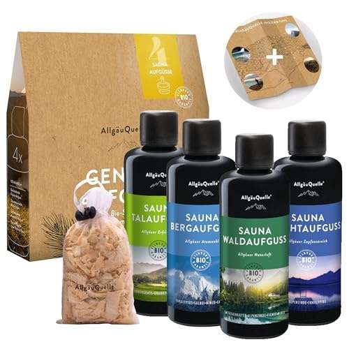 Produktbild: AllgäuQuelle Bio Saunaaufguss Set 4x100ml - Sauna Zubehör mit Insider-Tipps