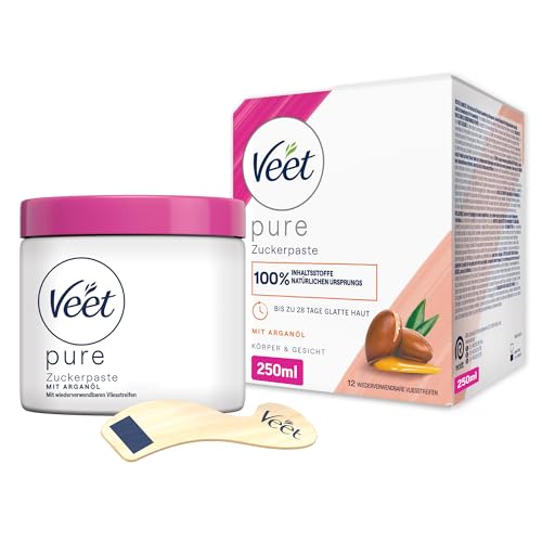 Veet Pure Zuckerpaste mit Arganöl, 250 ml für Haarentfernung an Körper & Gesicht, inkl. Holzspatel & Stoffstreifen