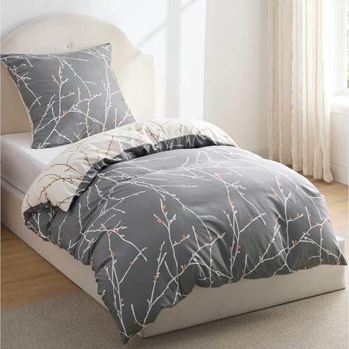 BEDSURE Bettwäsche 135x200 cm Wendebettwäsche grau Zweige mit Kissenbezug 80x80 cm