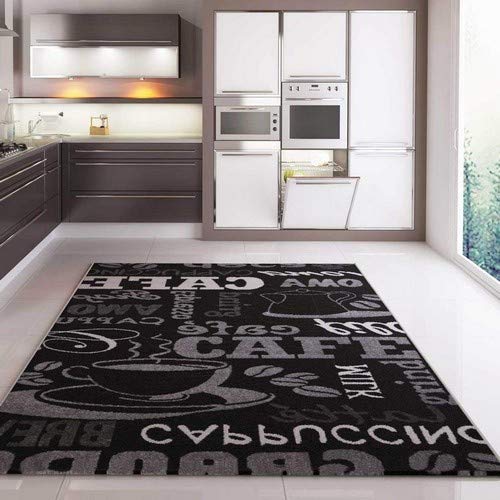 VIMODA Küchenteppich 160x220 cm, moderner Teppichläufer Kaffee Design in Schwarz, ideal für Lounge und Küche