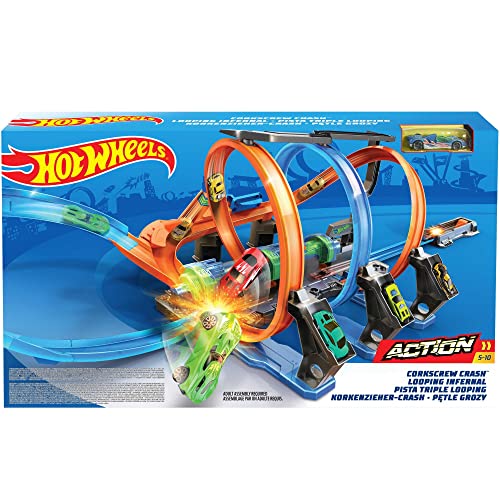 Hot Wheels autorennbahn mit motorisiertem beschleuniger, 3 loopings, 1 fahrzeug