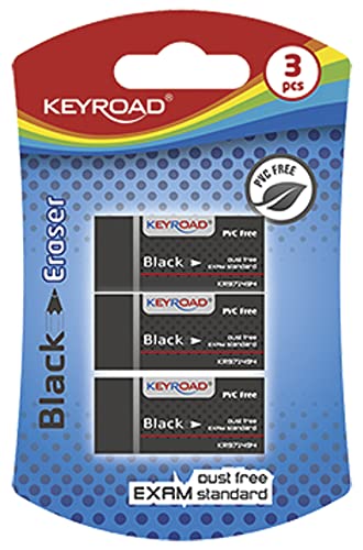 keyroad radiergummi 3 Stück schwarz, für bleistift und buntstift, sauber und fleckfrei