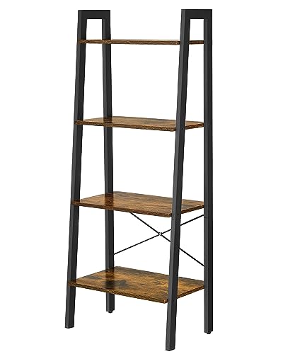 vasagle standing shelf, 4 tier bookcase, ladder shelf, vintage brown-black, metal frame