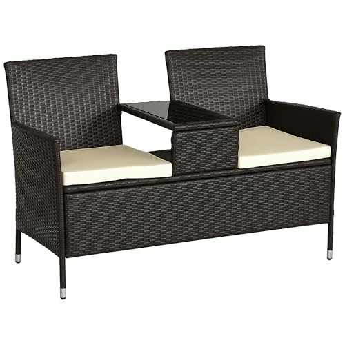 outsunny gartenbank polyrattan 2-sitzer sitzbank mit tisch und kissen braun 240kg 133x63x84cm