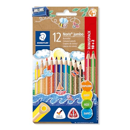 staedtler buntstift noris jumbo, dreikantform, 12 farben und spitzer, bruchsicher