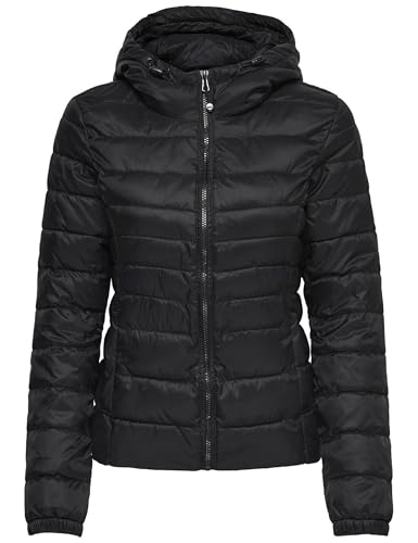 only leichte steppjacke damen mit kapuze und reißverschluss, schwarz, größe l