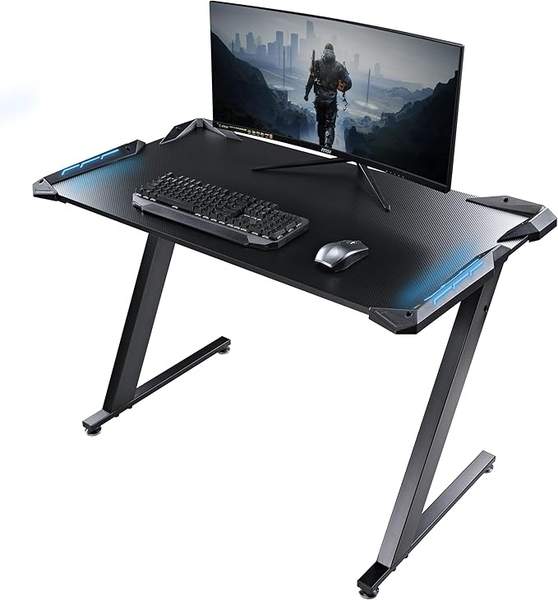 eureka ergonomic gaming tisch 114x64 cm mit led, kohlefaseroberfläche, kopfhörerhaken, getränkehalter