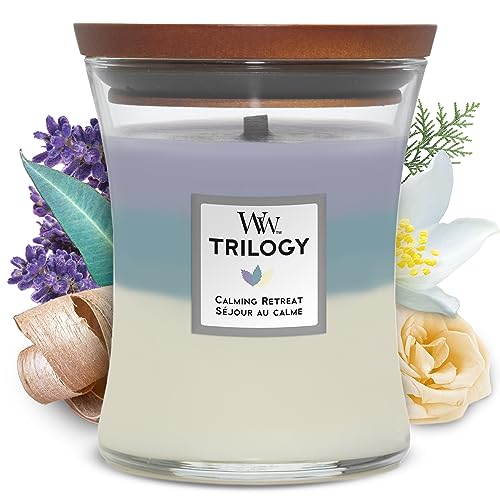 WoodWick trilogy duftkerze calms retreat 275g mit knisterndem docht, lavendel, 60h