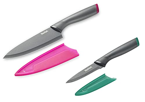 tefal kochmesser set 2er, gemüsemesser edelstahl mit antihaftbeschichtung, schwarz/pink/grün