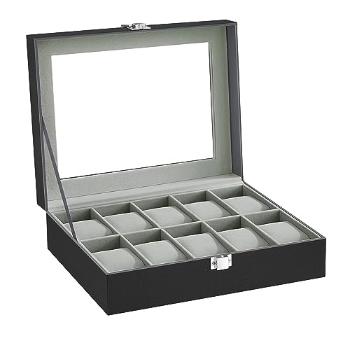 songmics uhrenbox schwarz mit 10 fächern und glasdeckel, 25,4 x 7,8 x 20,2 cm