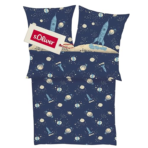 s.Oliver kinderbettwäsche astronaut rakete 135x200 cm 100% baumwolle blau 2tlg.
