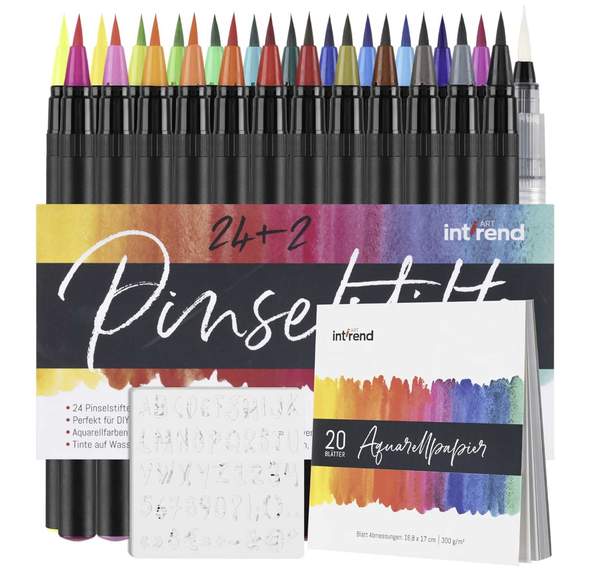 Produktbild: 24 Aquarell-Pinselstifte Set - 2 Wasserpinsel - 20 Aquarellblätter, 5 Schablonen