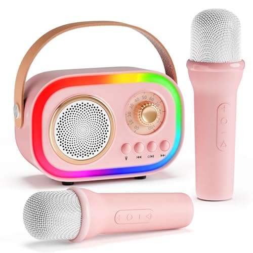 karaoke maschine für kinder mit 2 mikrofonen, 5 led, 12 stimmen, geschenk 3-18 jahre