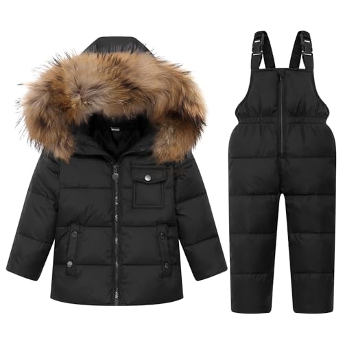 kinder daunenjacke schneeanzug mit kunstfell kapuze, winterjacke + skihose 4-5 jahre, schwarz