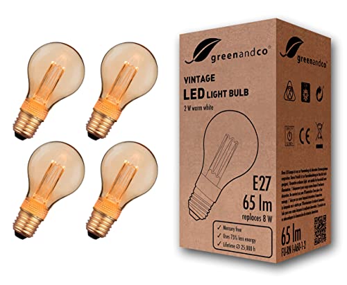 greenandco vintage led glühbirne e27 a60 2 w 1800 k gold extra warm weiß 4er set