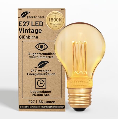 greenandco vintage design led bulb e27 a60 1800k 2w 65lm gold extra warm weiß