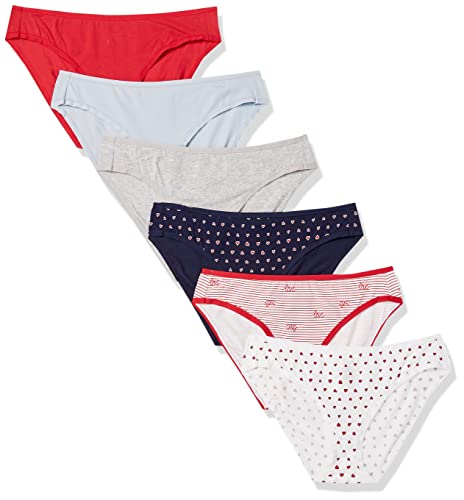 Amazon Essentials Damen Baumwoll-Bikini-Unterhosen, 6er-Pack, Auslauffarben, Herzen/Mehrfarbig/Streifen, Größe 36