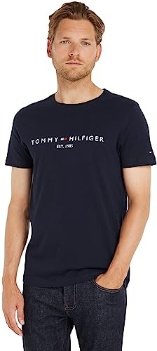 Tommy Hilfiger Herren T-Shirt Kurzarm Logo Rundhals Blau (Sky Captain), XS