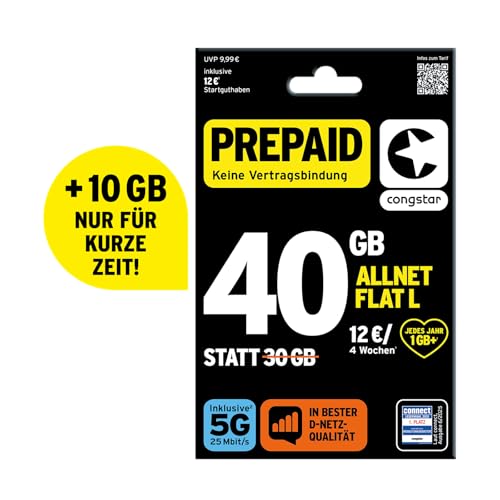 congstar prepaid allnet m sim-karte 30 gb, 10  startguthaben, telefonie & sms flat