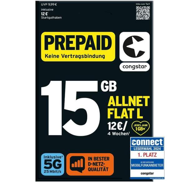 congstar prepaid allnet flat 15GB 5G ab 5,74 Euro für 8 Wochen