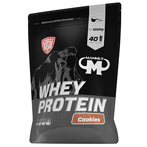 Entdecke Mammut Nutrition Whey Protein Pulver Cookies! 27g Protein pro Portion, hoher BCAA-Anteil und optimale Löslichkeit  ideal für deine Fitness-Ziele!