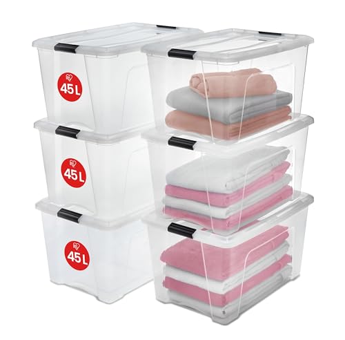 iris ohyama aufbewahrungsboxen 45l 6er-set transparent stapelbar bpa-frei mit deckel