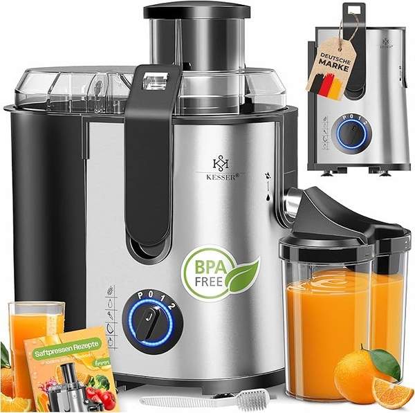 KESSER Zentrifuge Entsafter Edelstahl 1100W, große Fütterungsröhre, 3 Stufen