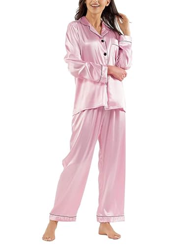 ladieshow damen satin-seide pyjama set langarm nachtwäsche schlafanzug s-xxl