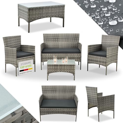 juskys polyrattan sitzgruppe fort myers 4 personen mit sofa, stühlen, tisch, kissen grau-meliert