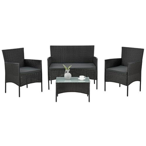 juskys polyrattan sitzgruppe fort myers 4 personen schwarz/grau mit tisch und kissen