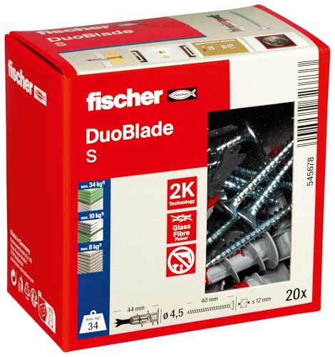 fischer duoBlade S Gipskartondübel selbstbohrend mit Schrauben, 20 Stück