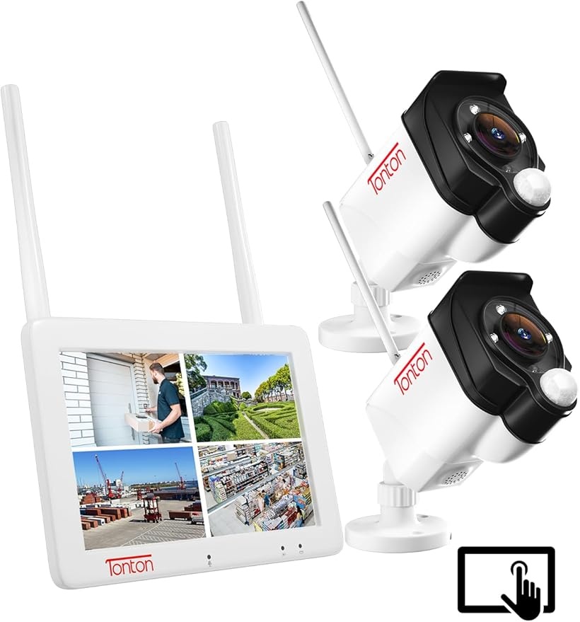 tonton Überwachungskamera außen, 4-Kanal 7" Touchscreen mit 2 *3MP Kameras, 30m Nachtsicht