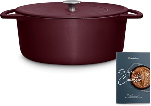 gusseisen bräter 6l rund 28 cm für induktion und ofen, springlane emailliert rot mit deckel, rezeptheft