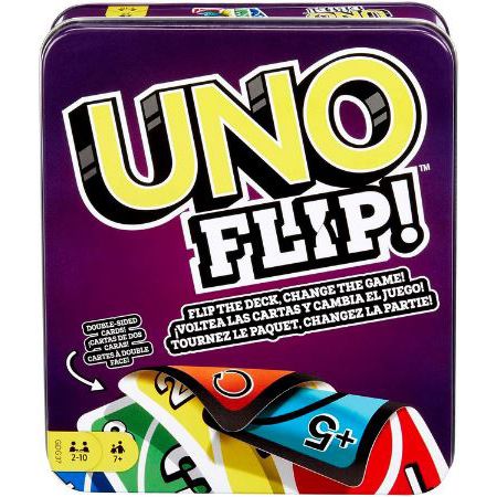 mattel uno flip spiel in metalldose, robust, 9,99 (statt 16)