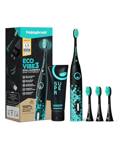 happybrush schallzahnbürste eco vibe 3, nachhaltige zahnbürste mit 3 aufsteckbürsten