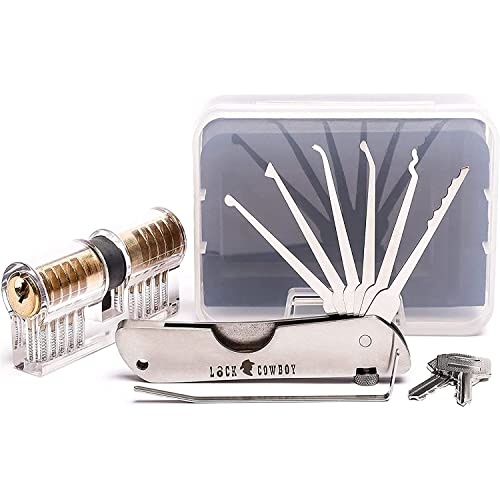 lockpicking set 7-teilig mit transparentem vorhängeschloss, lockcowboy dietrich set