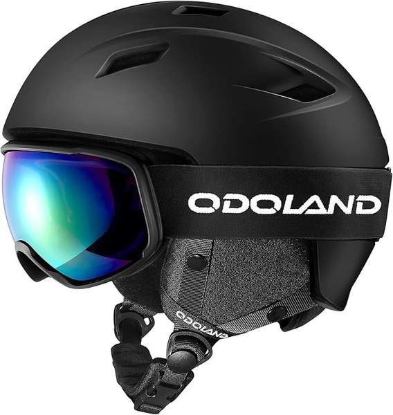 Odoland Skihelm und Skibrille Set für Erwachsene, UV 400, Schwarz, S