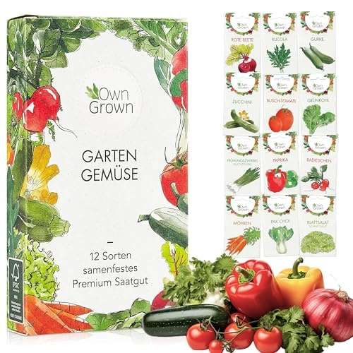 OwnGrown Gemüse Samen Set - 12 Pflanzensamen Sorten für Hochbeet und Garten - Praktische Box mit Gemüsesamen für den Anbau Frischer Ernte zu Hause - Ideal für Gartenliebhaber