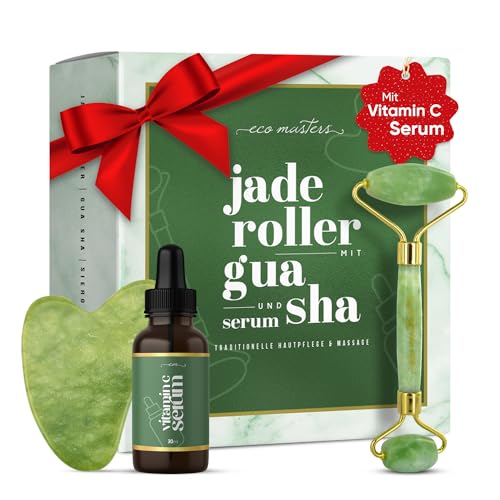 jade roller mit vitamin c serum und gua sha, gesichtsmassagegerät, hautpflege set
