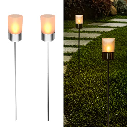 navaris solar gartenfackel set 2x led edelstahl 9,1 x 91 cm kerzenschein effekt metallic silber