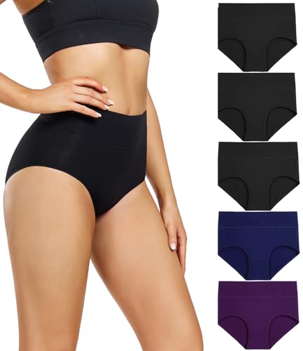 wirarpa damen unterhosen baumwolle hohe taille slips 5er pack schwarz blau lila größe l