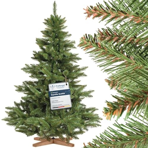 FairyTrees künstlicher Weihnachtsbaum 150cm Nordmanntanne mit Holzständer, Made in EU